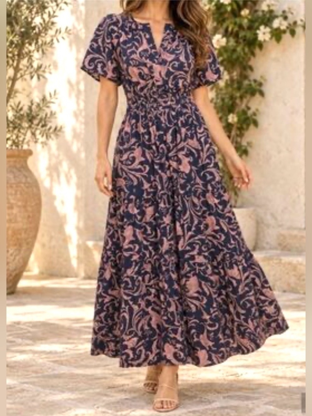 Anthropologie Somerset Tiered Maxi Dress Pockets Cotton Navy Blue Pink Size XL